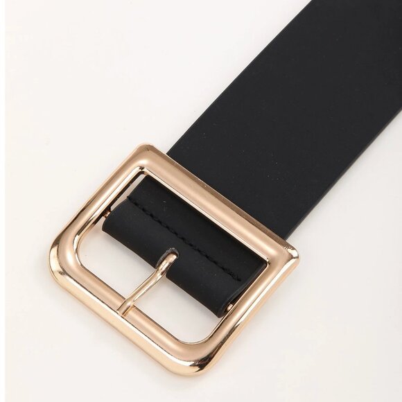 Vegan Leather Gold D Buckle Belt Black - Picture 3 of 4